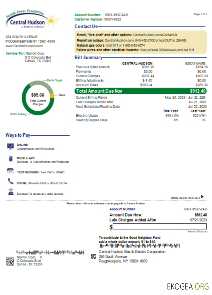 Facture commerciale de service public de Central Hudson Energy Group, page 1, SCR